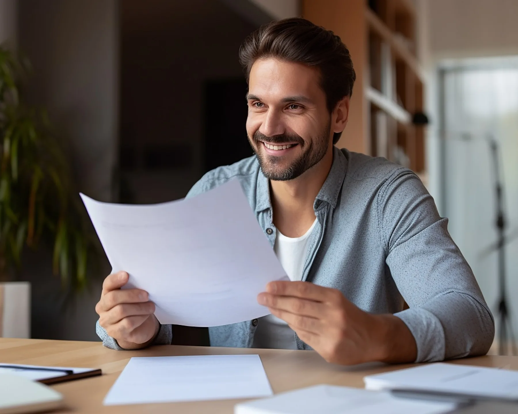 Cliente sorrindo ao analisar o contrato de locação